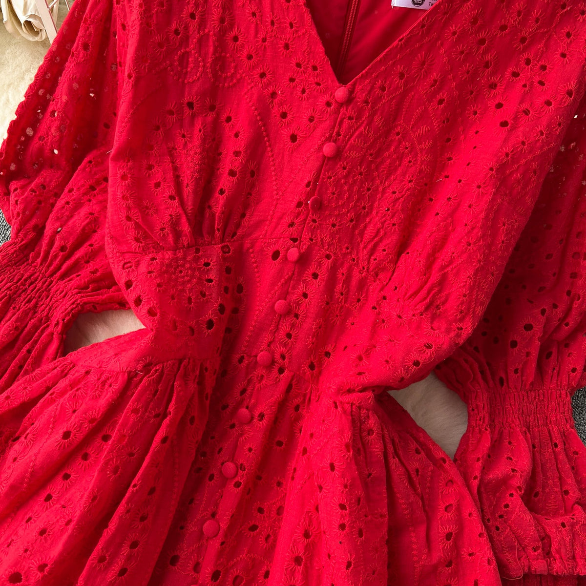 V-neck Puffy Sleeve Hollowed Dress
