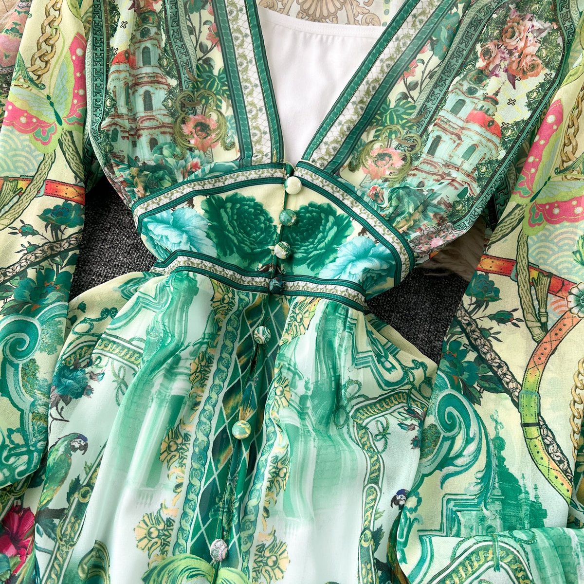 Deep V-neck Puffy Sleeve Floral Dress