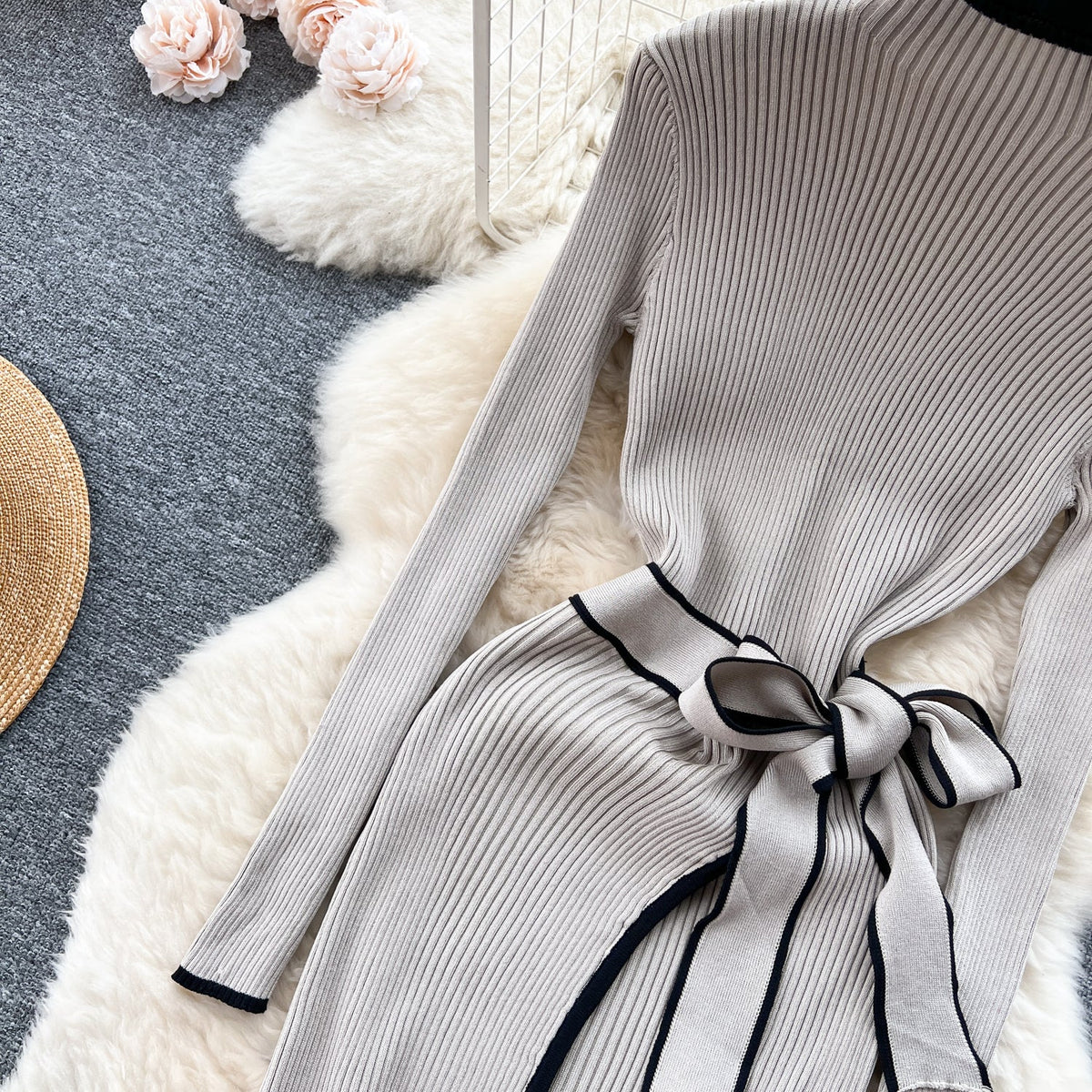 Elegant Lace-up Knitted Slim Dress