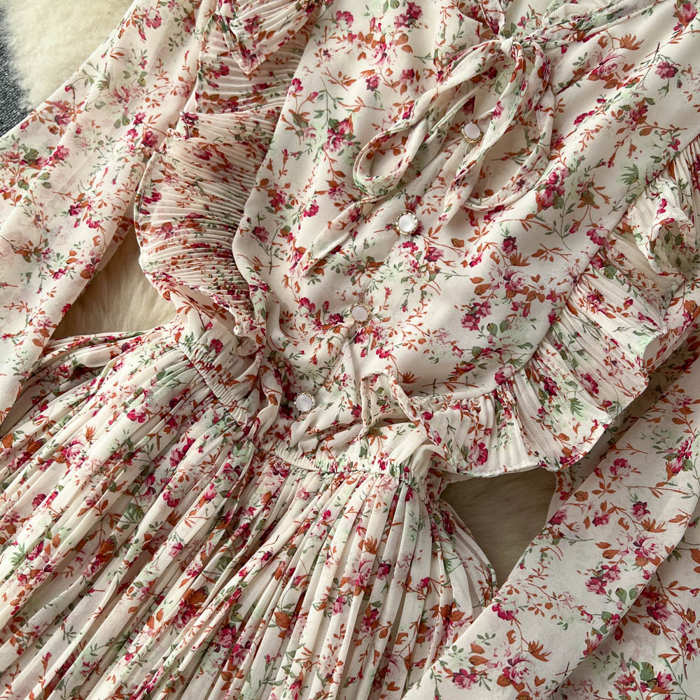 French Style Floral Pleated Dress