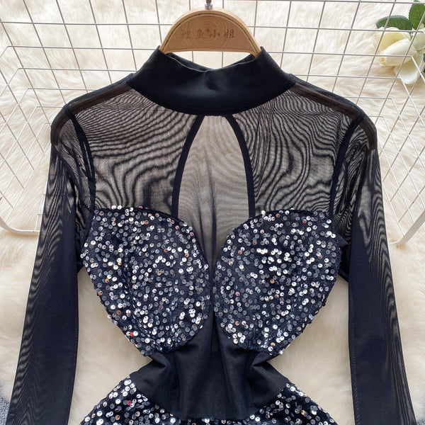 Elegant Hollowed Mesh Sequined Dress