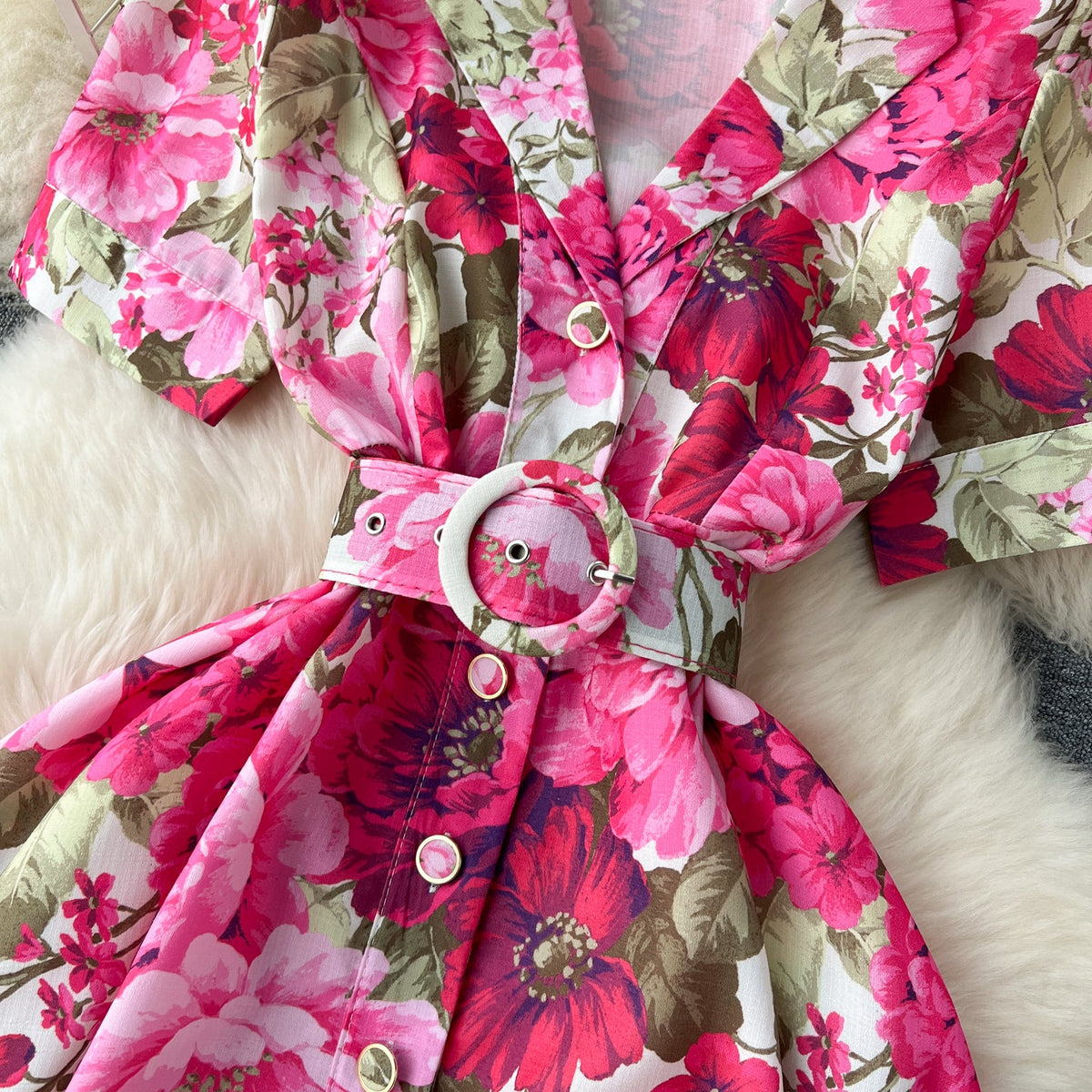Suit Collar Single-breasted Floral Dress