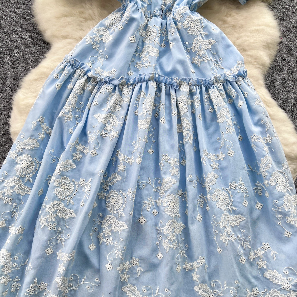 V-neck Floral Embroidered Blue Dress
