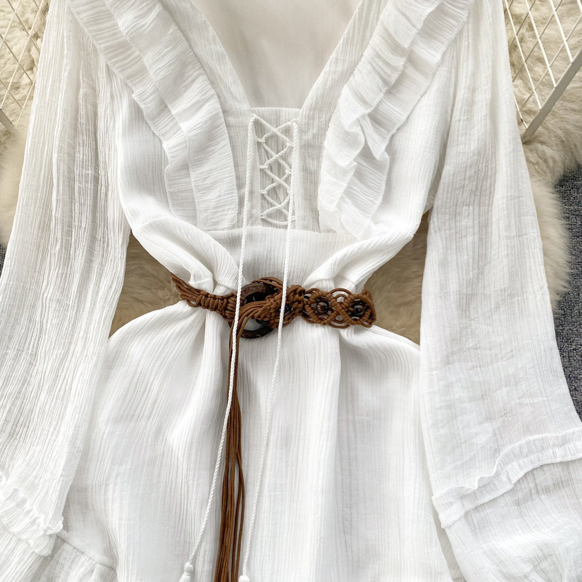 Sweetie Lace-up Ruffled White Dress