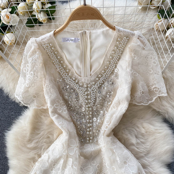 French Style V-neck White Dress