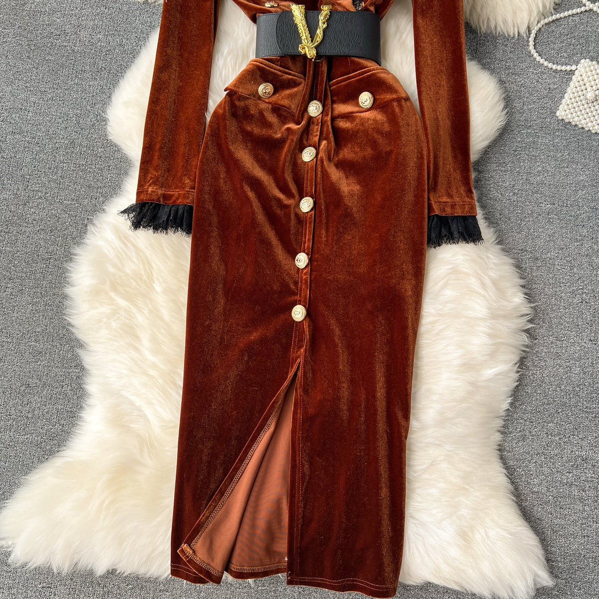 Vintage Gold Velvet Suit Collar Dress