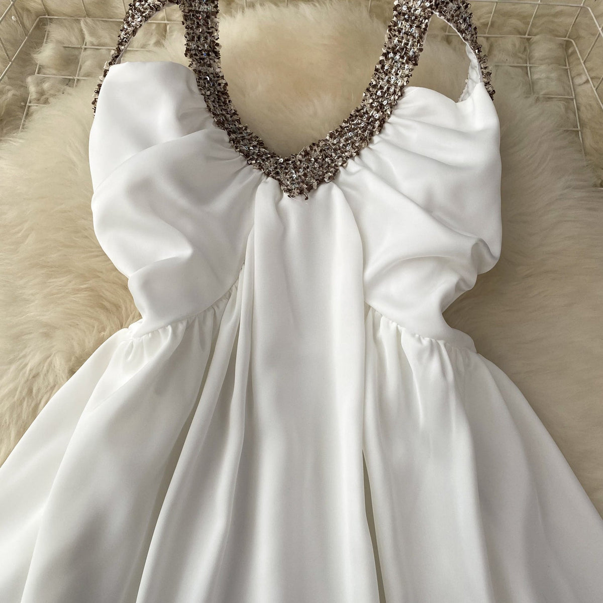Sequin Backless Satin Halter Dress