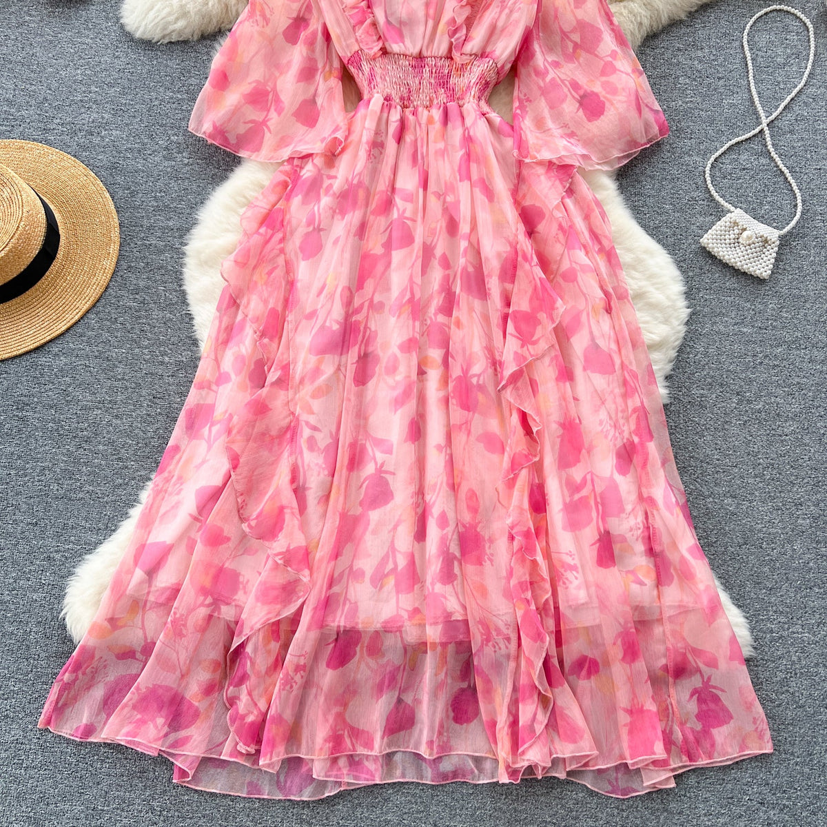 Sweet Ruffled Floral Chiffon Dress