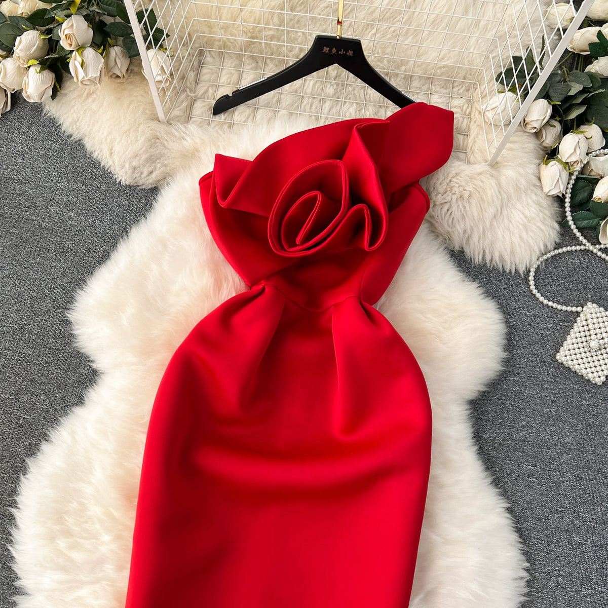 Solid Color 3d Flower Party Dress