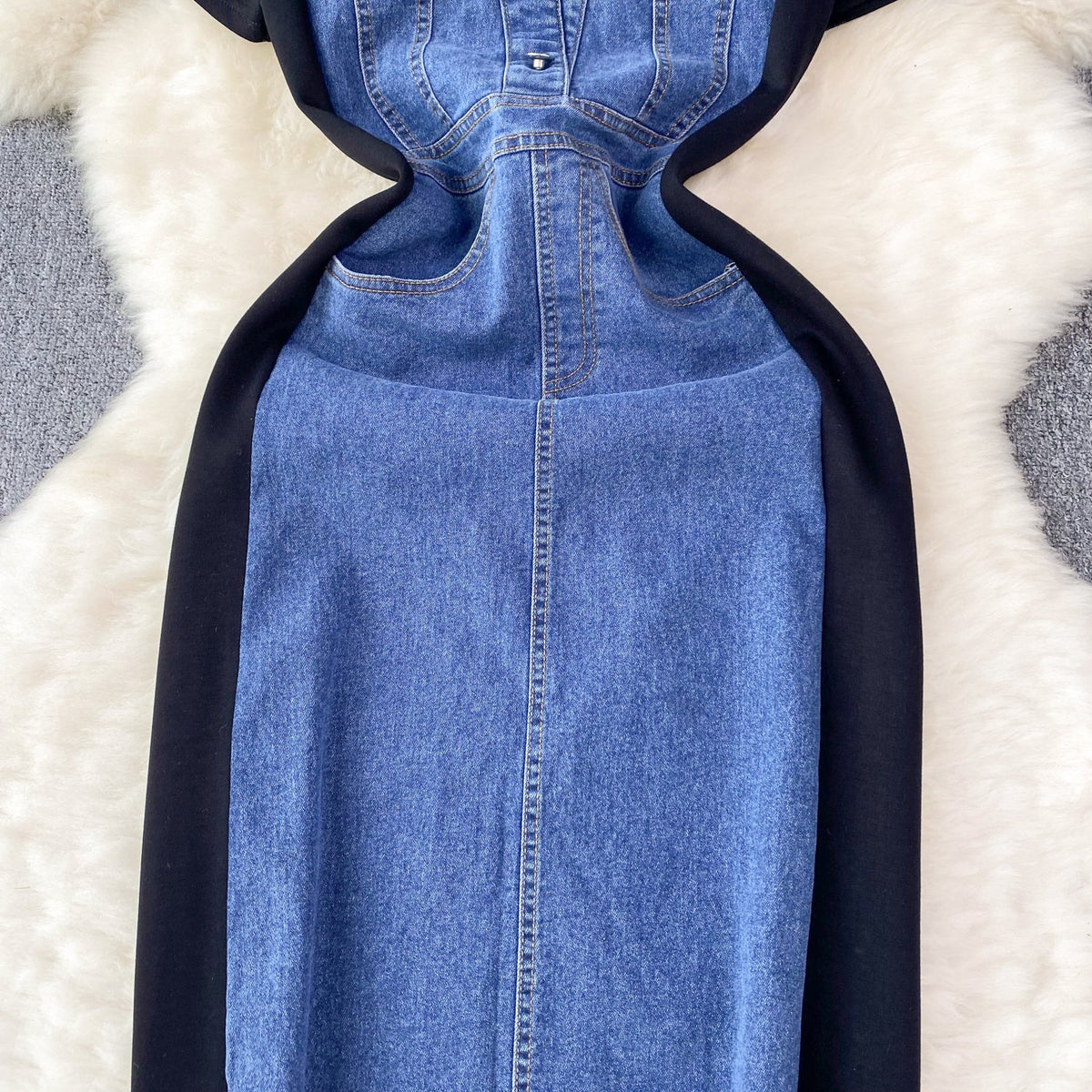 Round Collar Denim Patchwork Midi Dress