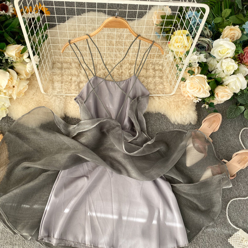 Silver Backless Crossover Halter Dress