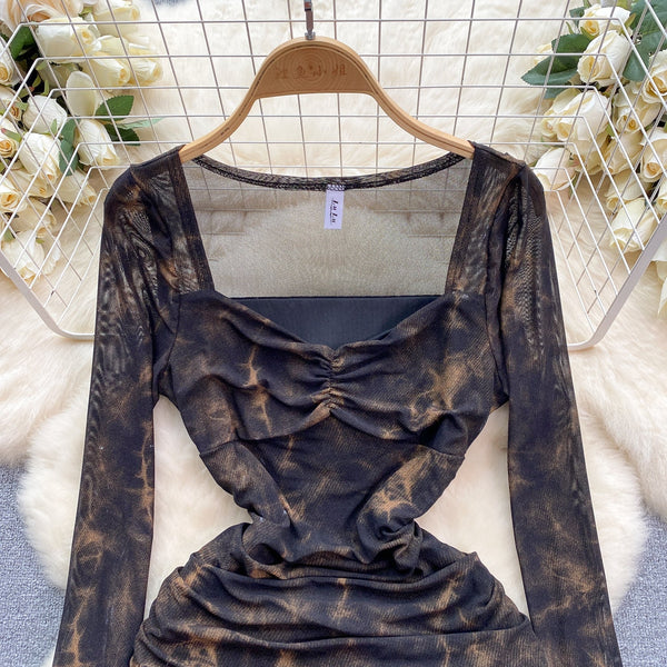 Square Neckline Printed Pleated Dress