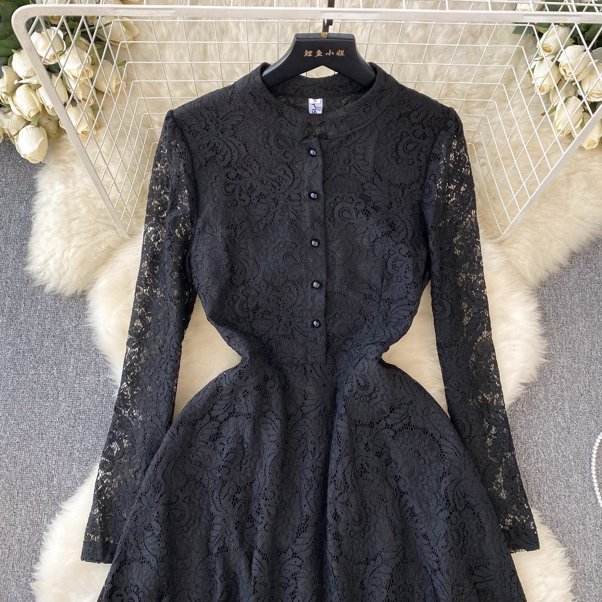Stand Collar Black Lace Shirt Dress
