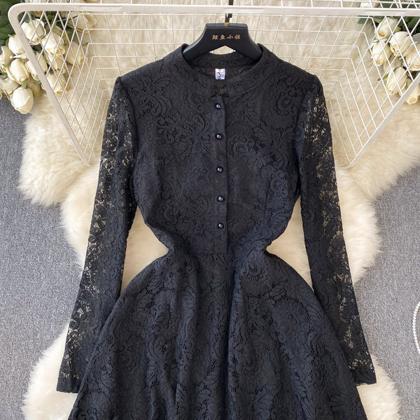 Stand Collar Black Lace Shirt Dress