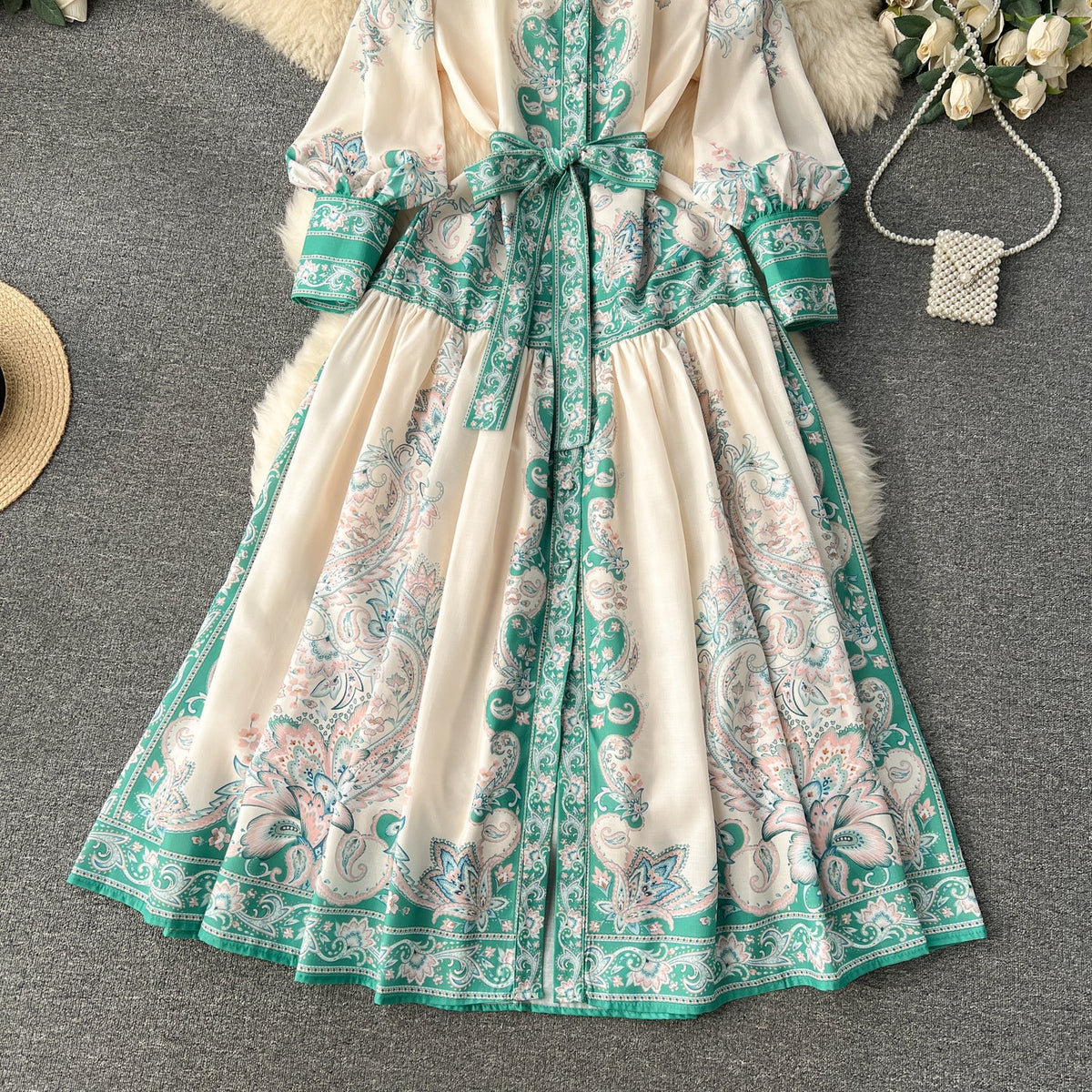 Courtly Puffy Sleeve Lace-up Floral Dress