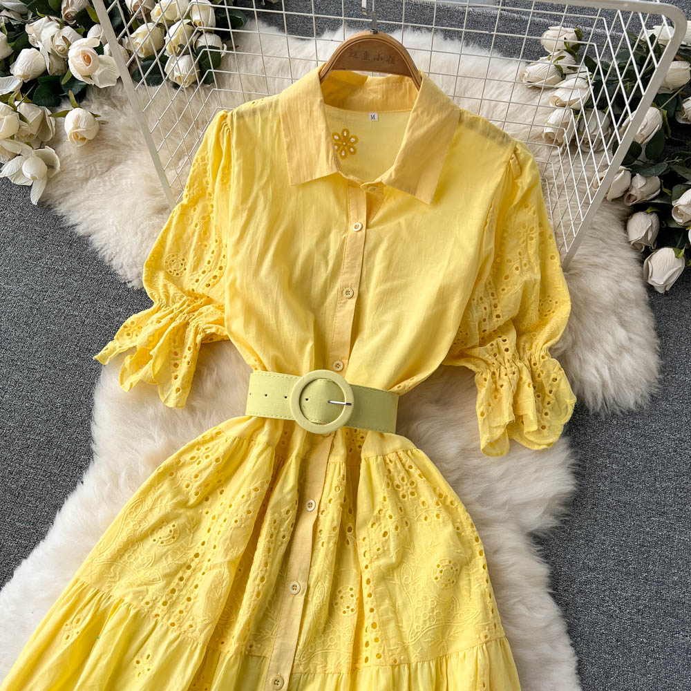 Puff Sleeve Hollowed Embroidered Dress