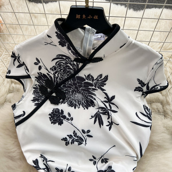 Ethnic Floral Printed Hip-wrapping Cheongsam