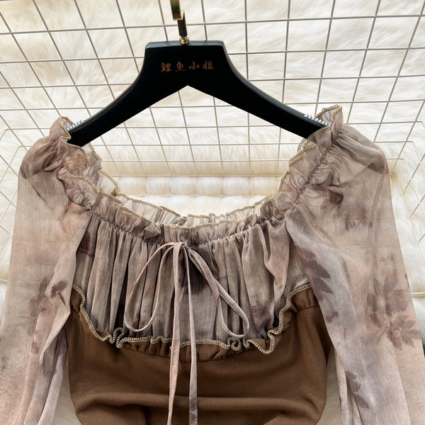 Mesh Patchwork Fishtail Brown Dress