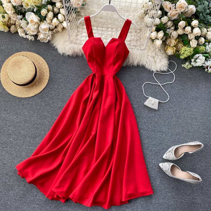 V-yaka Halter Retro Düz Renk Bel Elbisesi