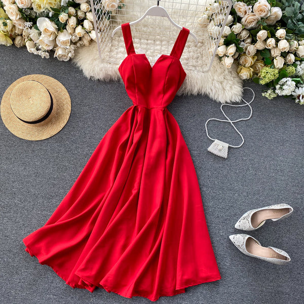 V-yaka Halter Retro Düz Renk Bel Elbisesi