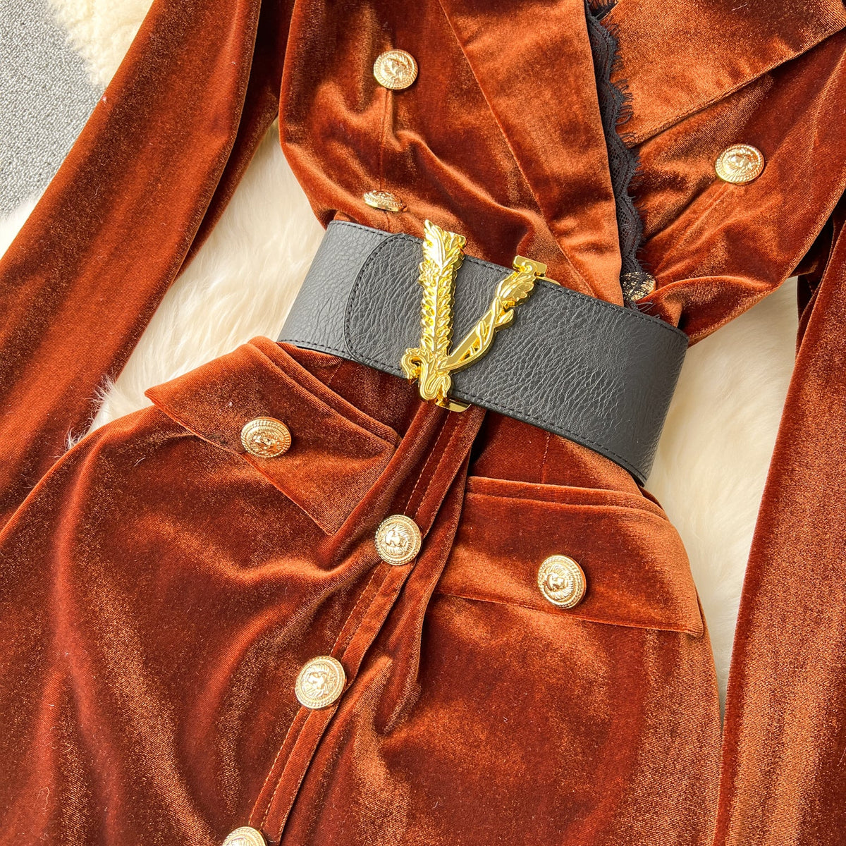 Vintage Gold Velvet Suit Collar Dress
