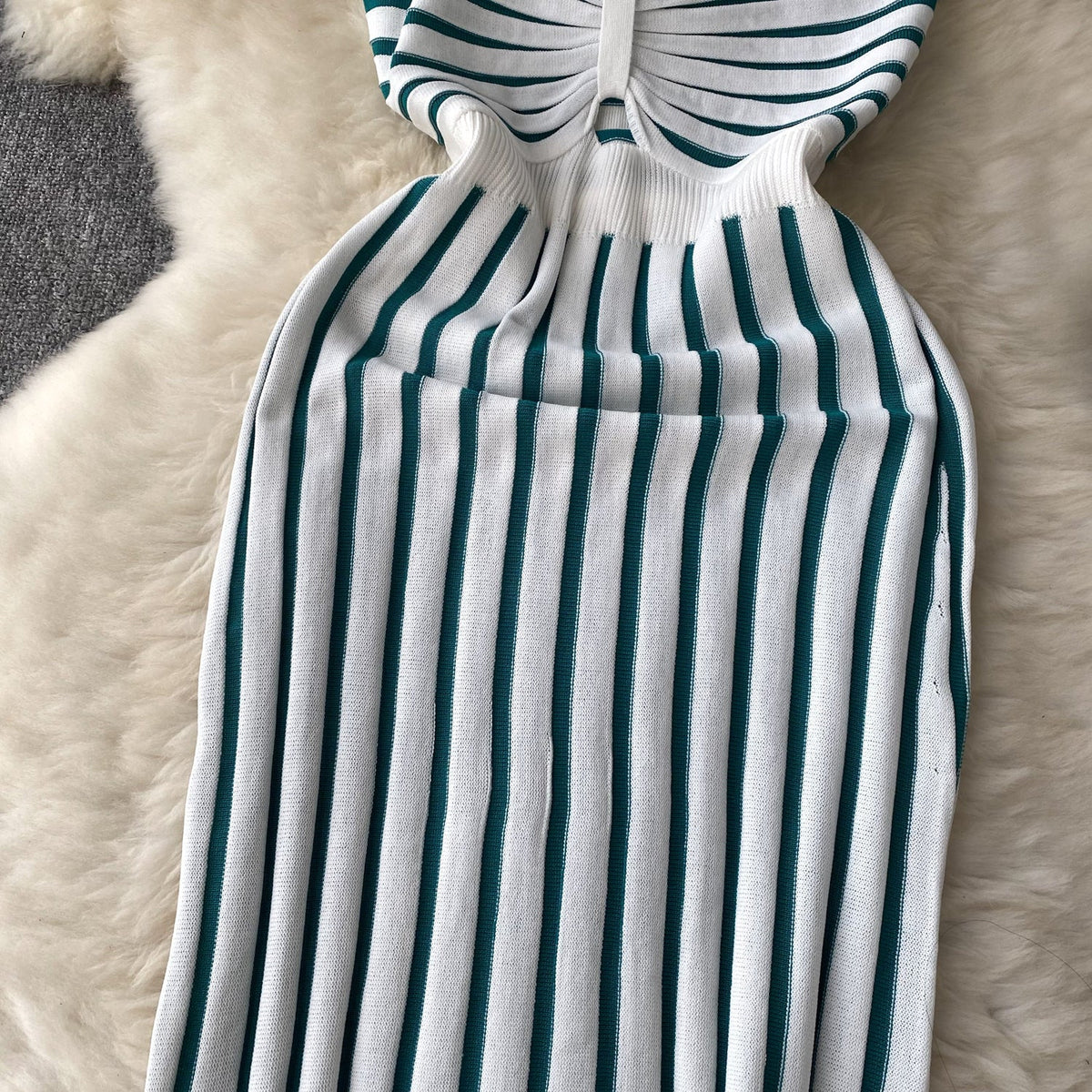 Hollowed Twisted Striped Knitted Slip Dress