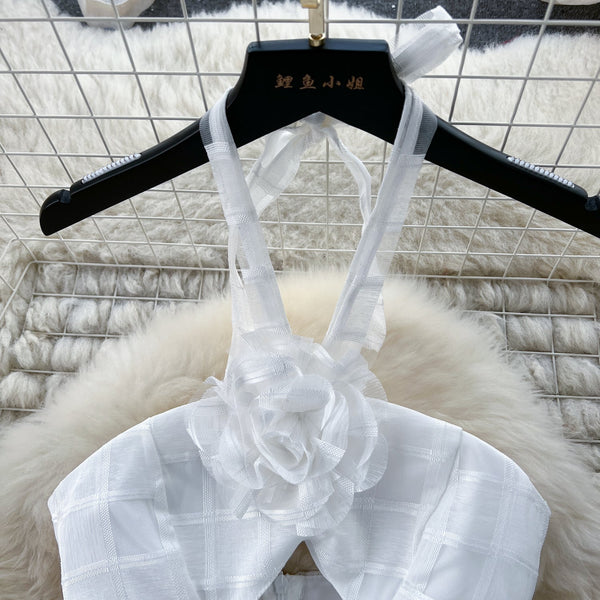 Hollowed Plaid White Halter Dress