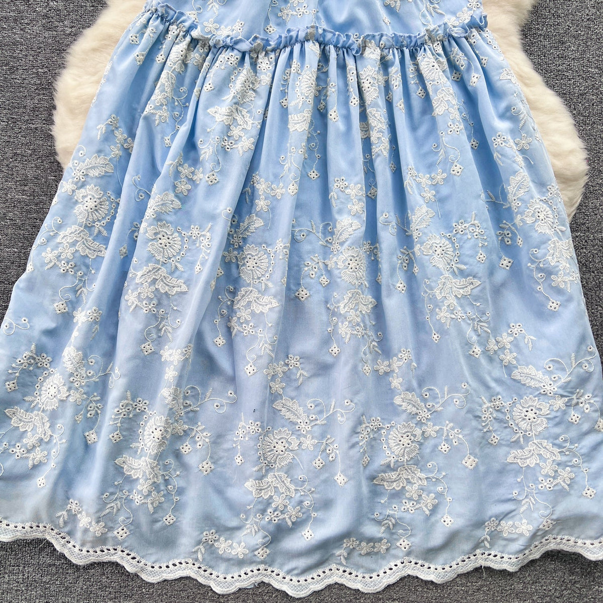 V-neck Floral Embroidered Blue Dress