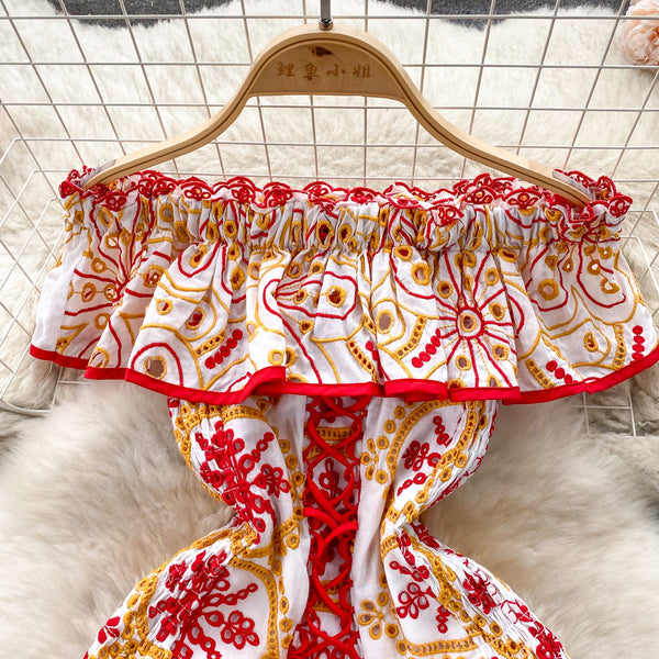 Off-shoulder Ruffled Printed Dress