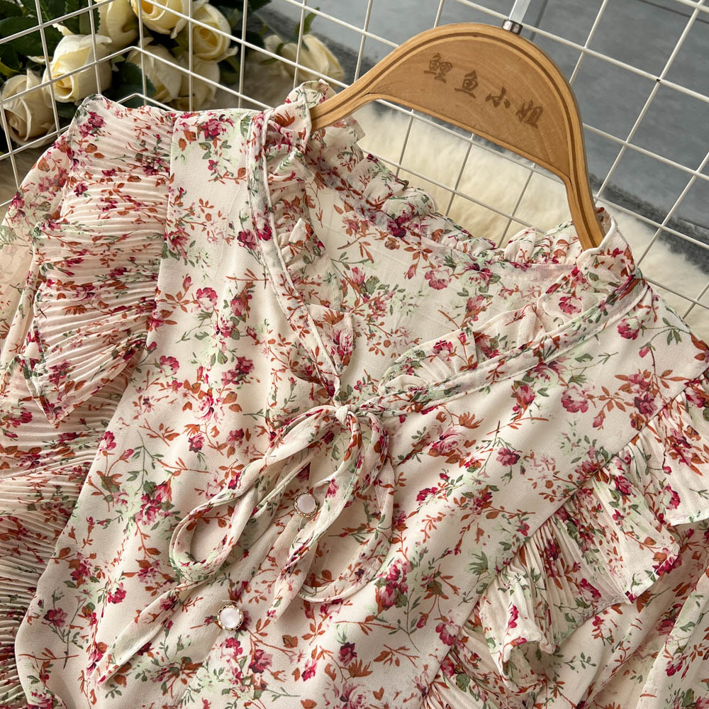 French Style Floral Pleated Dress