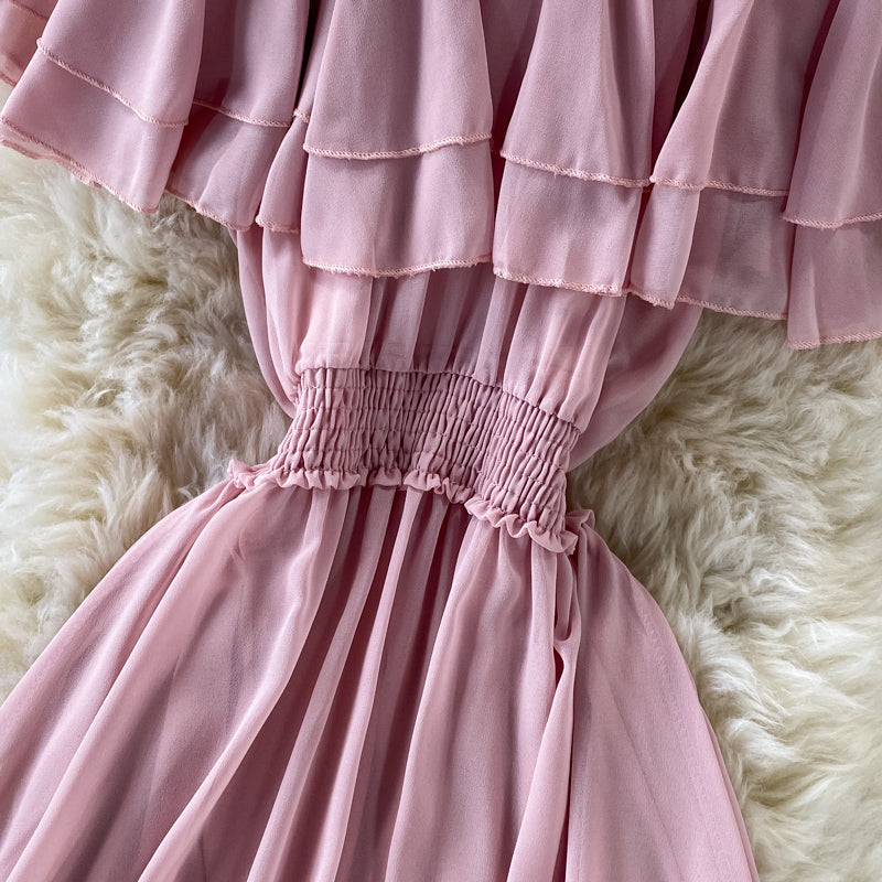 Off-shoulder Ruffle Mesh Chiffon Dress