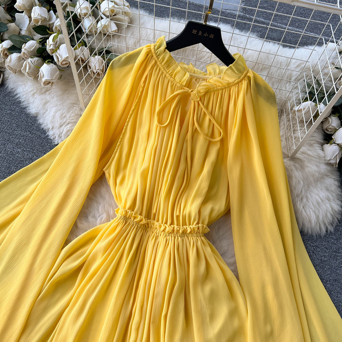 V-neck Lace-up Flared Sleeve Dress