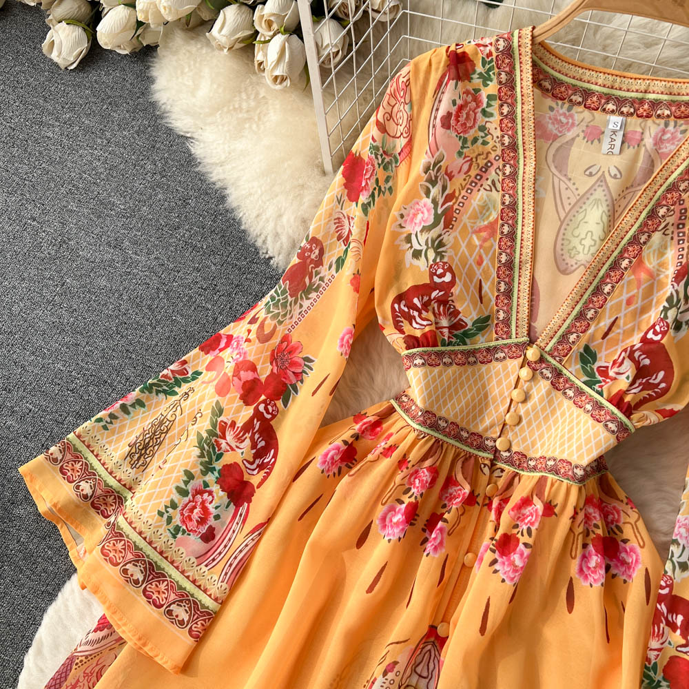 Deep V-neck Floral Printed Maxi Dress
