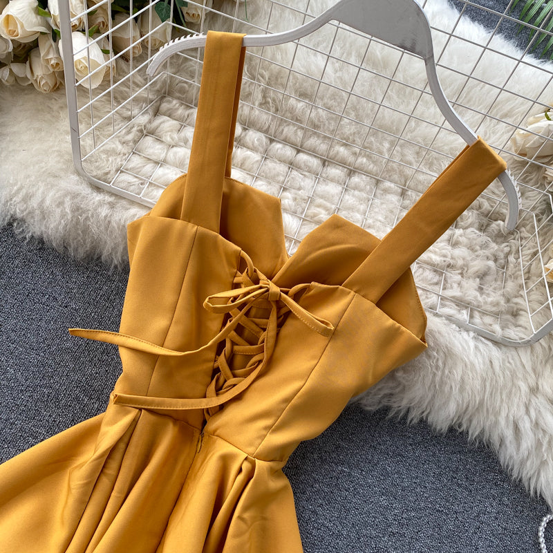 V-yaka Halter Retro Düz Renk Bel Elbisesi