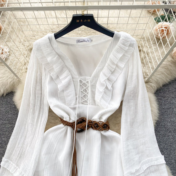 Sweetie Lace-up Ruffled White Dress