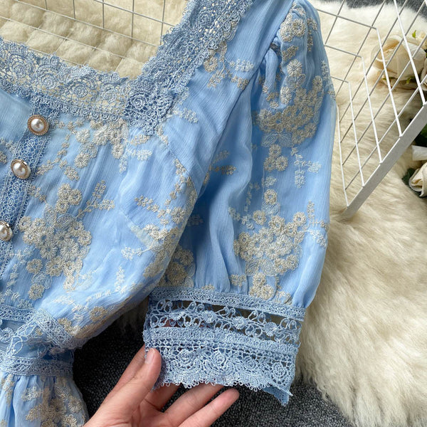 Courtly Embroidered Ruffle Lace Dress