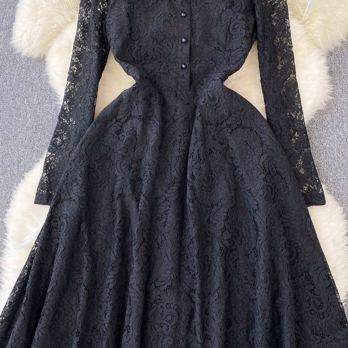 Stand Collar Black Lace Shirt Dress