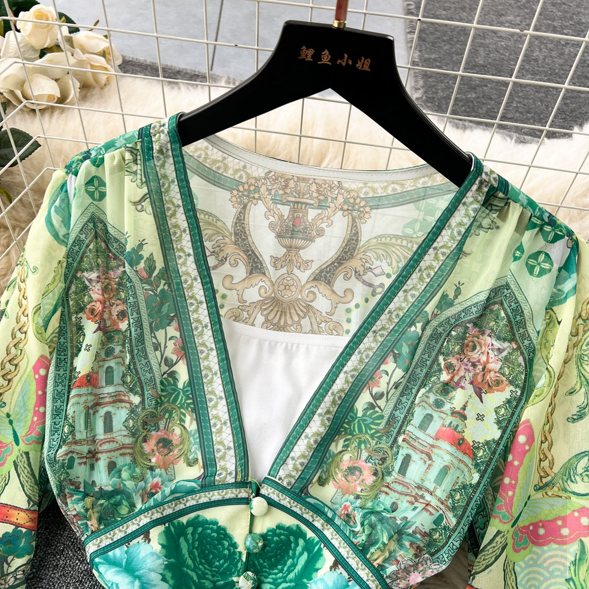 Deep V-neck Puffy Sleeve Floral Dress