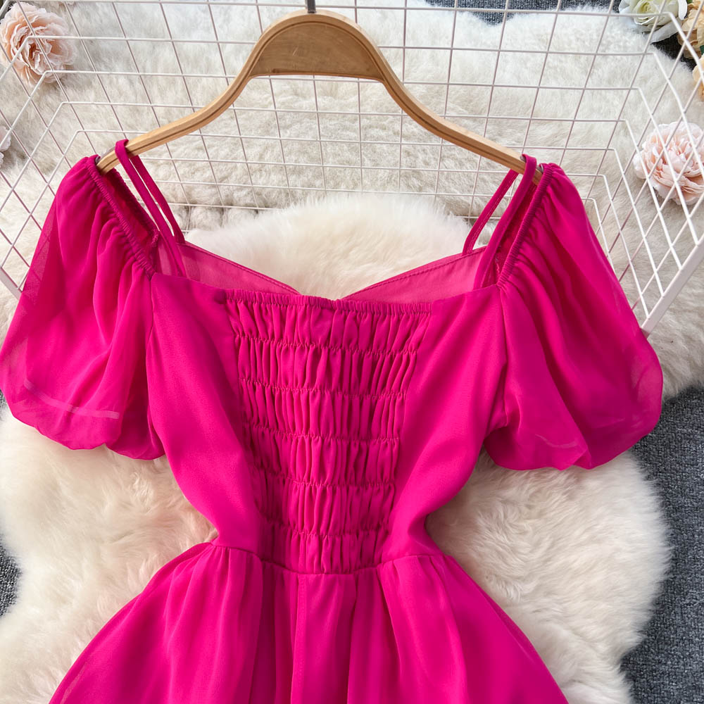 Bubble Sleeve Square Collar Chiffon Dress