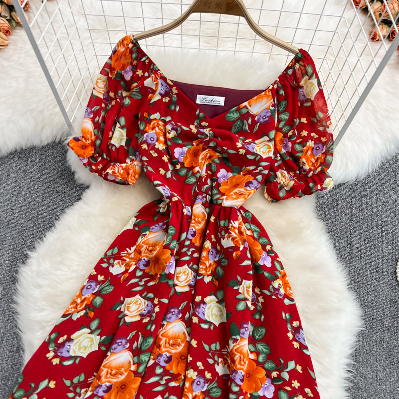 Waist-slimming V-neck Floral Chiffon Dress