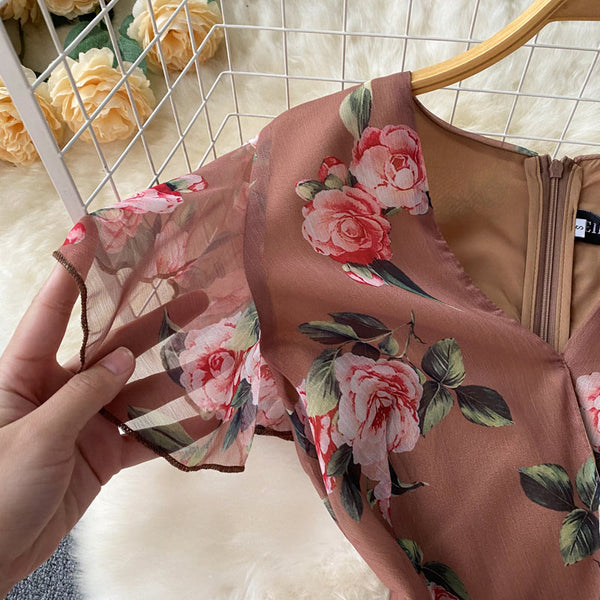 French Style Drawstring Floral V-neck Dress