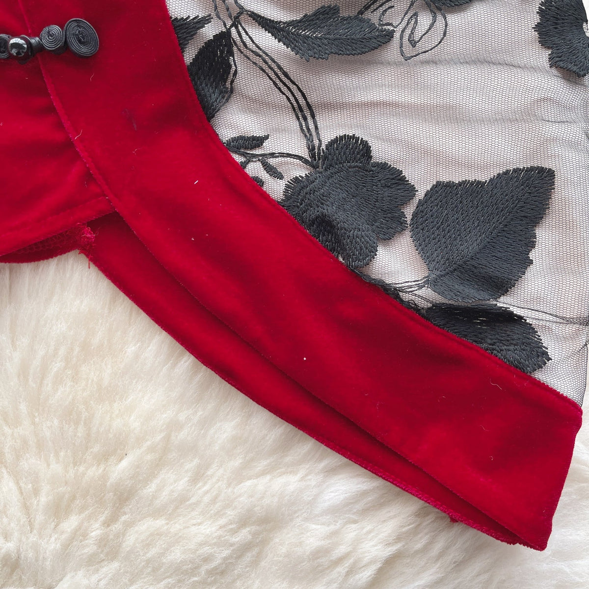 Çiçekli Nakışlı Dantel Cheongsam Elbisesi