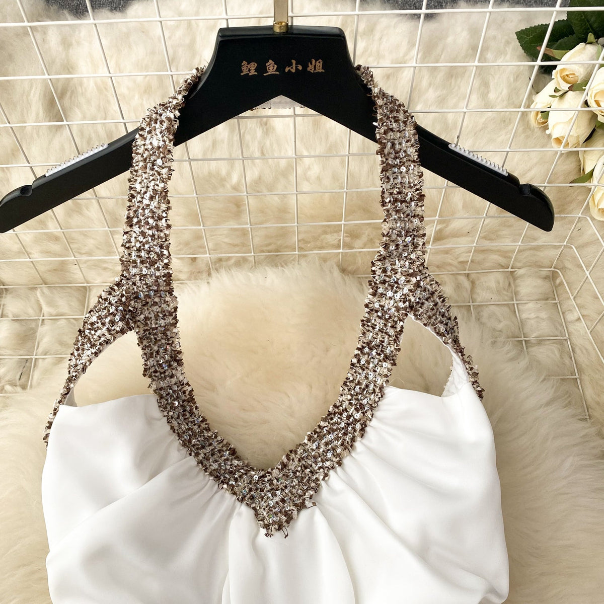 Sequin Backless Satin Halter Dress