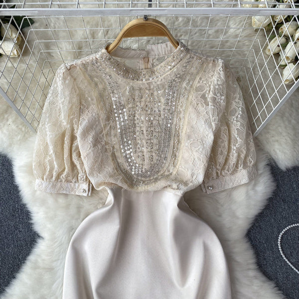 Elegant Lace Patchwork Beaded Dress