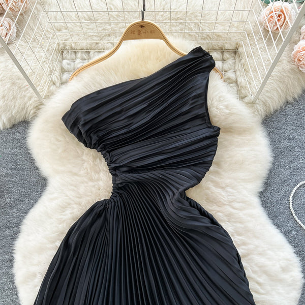 Slant Neckline Pleated Black Dress