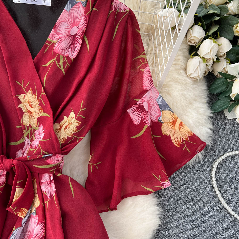 Flared Sleeve V-neck Floral Dress