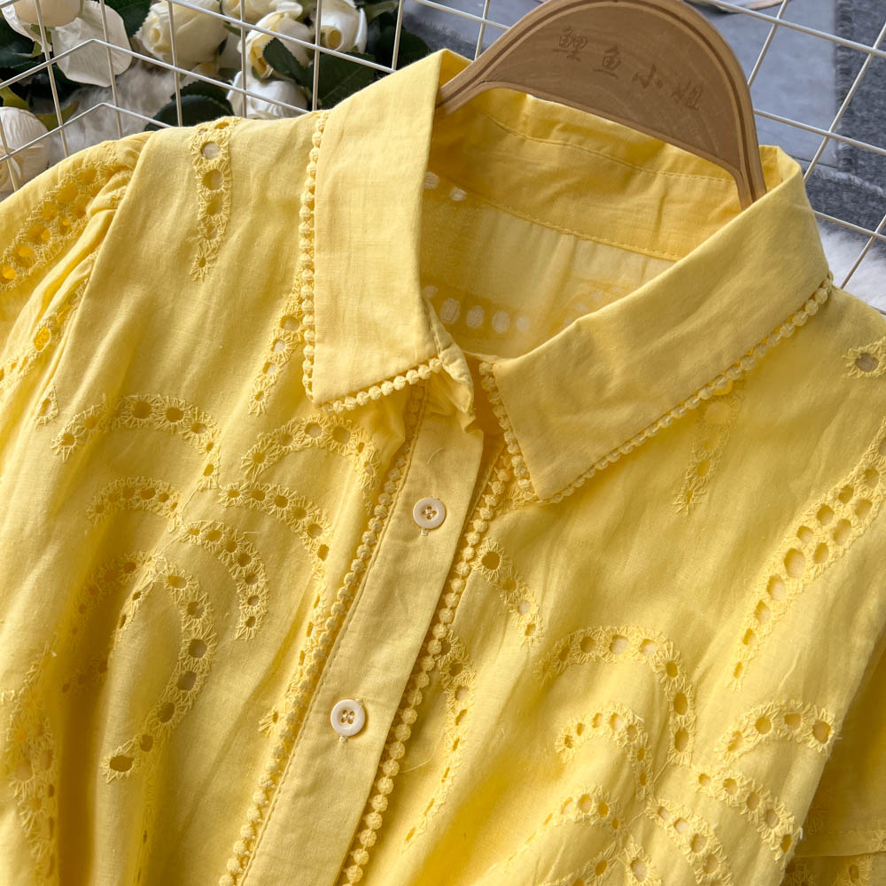 Lapeled Puff Sleeve Hollowed Dress