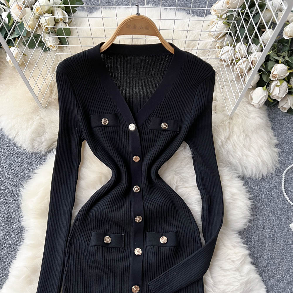 Elegant V-neck Long Sleeve Knitted Dress