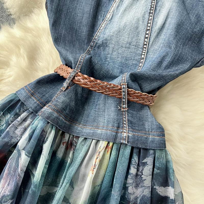 V-neck Denim Patchwork Chiffon Dress