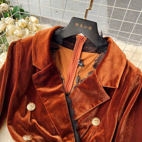 Vintage Gold Velvet Suit Collar Dress